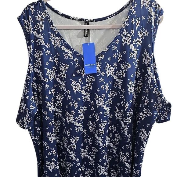 ALLEGRACE Plus Size 2X, Navy Blue Floral Print, Cold-Soulder Blouse. NWT - Picture 6 of 7